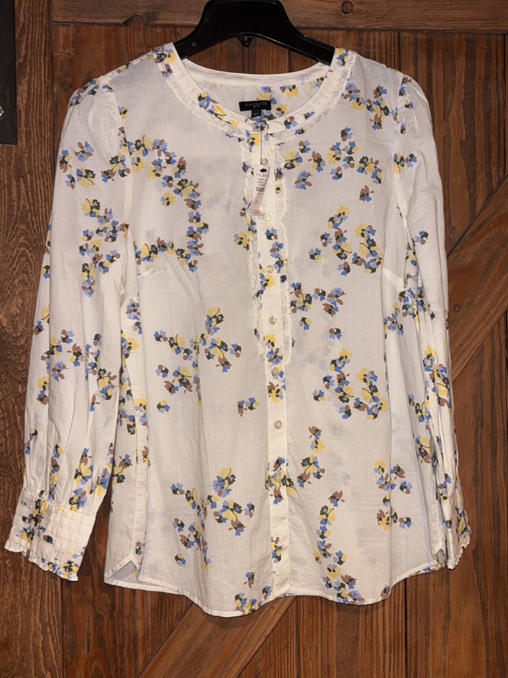 Talbots White Cotton Button-Front Blouse with Blue and Yellow Floral Print